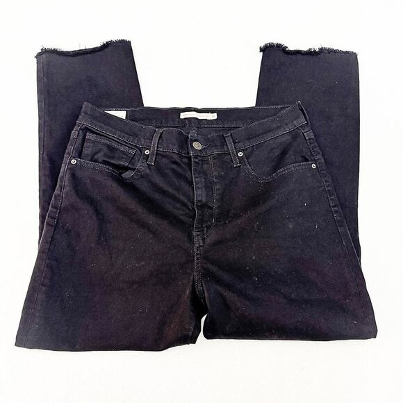 Levi's 724 High Rise Straight Crop Black Denim Jeans Raw Hem Size 31 - Picture 4 of 9